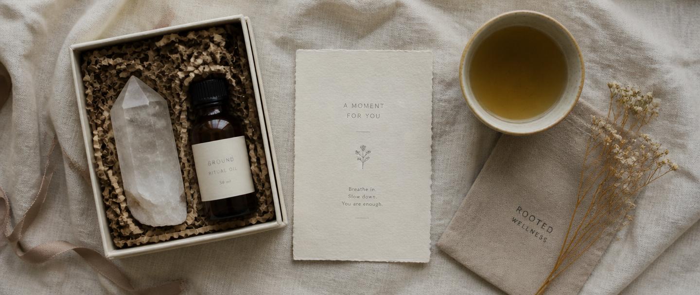 A self-assembled ritual kit with crystal, tea, aromatherapy, and printables